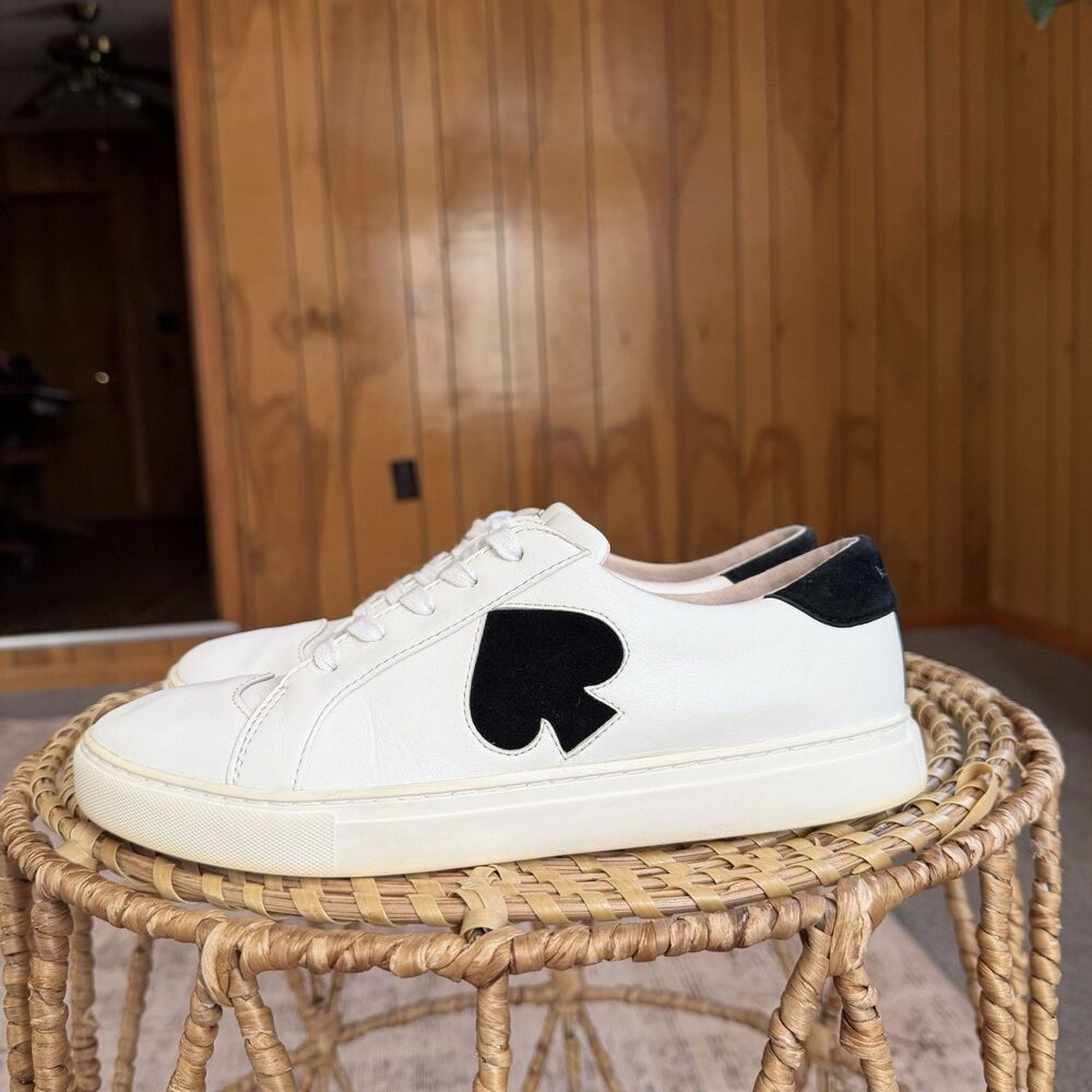 Kate Spade Fez Court Sneaker Leather Optic White/Black Womens US 8.5 Tennis Shoe